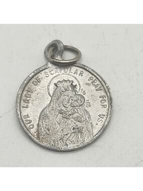Vintage Catholic Scapular Medal Sacred Heart Jesus Mt Carmel Silver Tone Pendant
